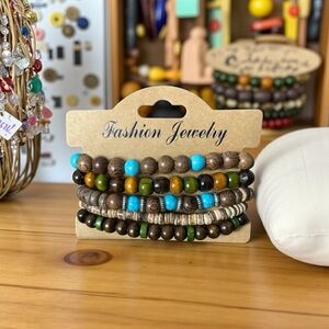 Fashion Jewelry boho Earthy Tones Beaded Bracelet Set with turquoise and silver